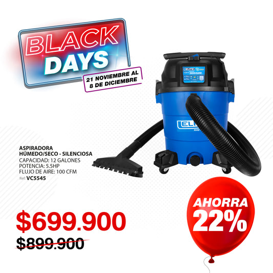 Aspiradora ultra silenciosa ELITE 5.5HP 45 L /12 GL húmedo/seco