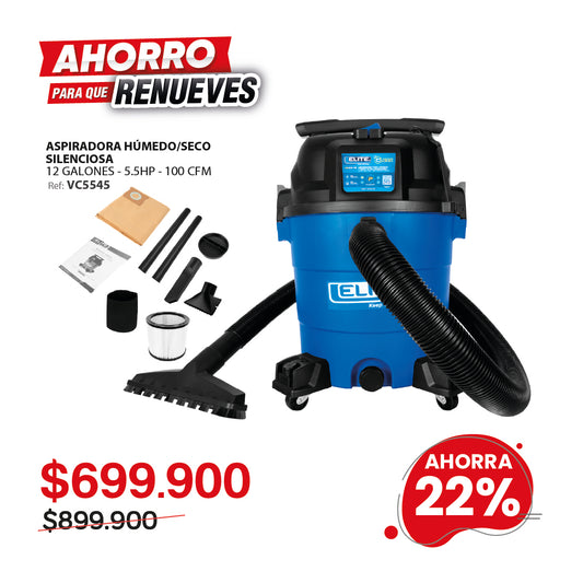 Aspiradora ultra silenciosa ELITE 5.5HP 45 L /12 GL húmedo/seco