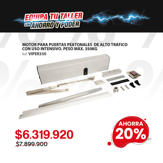 Sistema de apertura para puertas peatonales automáticas batientes de hasta 350Kg de alto tráfico. VIPER350