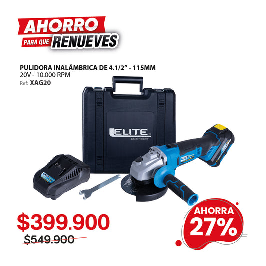 Esmeriladora inalámbrica 4-1/2 pulg, 20V, 10.000 RPM ELITE con Batería, Cargador, Estuche Plástico, Mango Auxiliar, Guarda Disco y Llave de ajuste