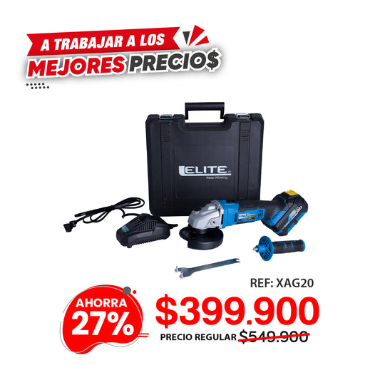 Esmeriladora inalámbrica 4-1/2 pulg, 20V, 10.000 RPM ELITE con Batería, Cargador, Estuche Plástico, Mango Auxiliar, Guarda Disco y Llave de ajuste