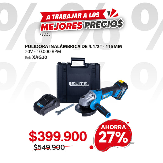 Esmeriladora inalámbrica 4-1/2 pulg, 20V, 10.000 RPM ELITE con Batería, Cargador, Estuche Plástico, Mango Auxiliar, Guarda Disco y Llave de ajuste