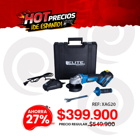 Esmeriladora inalámbrica 4-1/2 pulg, 20V, 10.000 RPM ELITE con Batería, Cargador, Estuche Plástico, Mango Auxiliar, Guarda Disco y Llave de ajuste