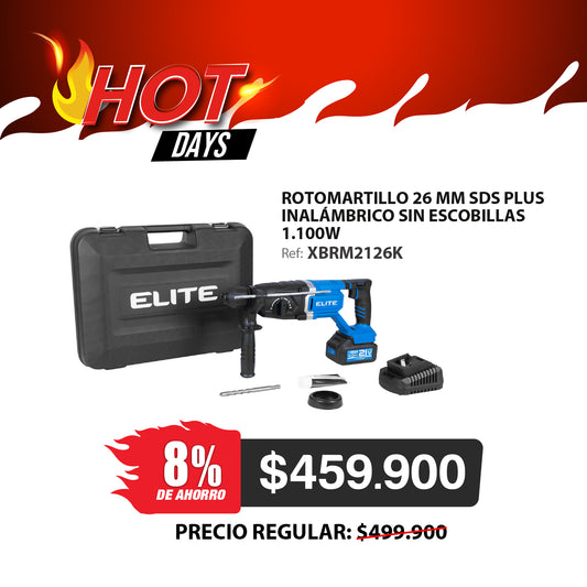 Rotomartillo Inalambrico sin escobillas Línea Xtreme, estuche plastico, 1 broca, mango en D 3 jules 0-1150 RPM, 0-5100 GPM , con batería 4Ah y cargador 2,4ah.