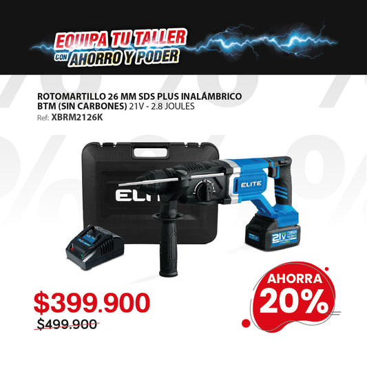 Rotomartillo Inalambrico sin escobillas Línea Xtreme, estuche plastico, 1 broca, mango en D 3 jules 0-1150 RPM, 0-5100 GPM , con batería 4Ah y cargador 2,4ah.