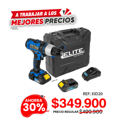 Taladro inalámbrico percutor 20V Mandril 2" - 13mm 1.650RPM ELITE XTREME con 2 Baterías, Cargador, Clip Cinturón, Punta Destornillador y Estuche Plástico