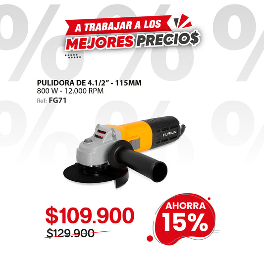 Esmeriladora angular eléctrica 800W Disco 4. 1/2” 115mm 12.000 RPM . FIRE 71